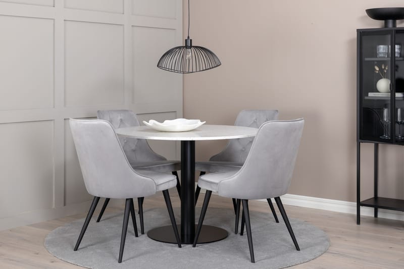 Razzia Spisegruppe Rund 106cm+4 Velvet Lyx Spisestoler, Hvit/Svart