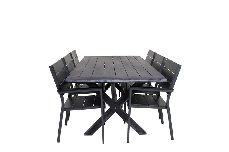 Rives Spisegruppe 200cm + 6 Levels Stablebare Spisestoler - Svart - Hagemøbler - Hagegruppe - Spisegrupper hage