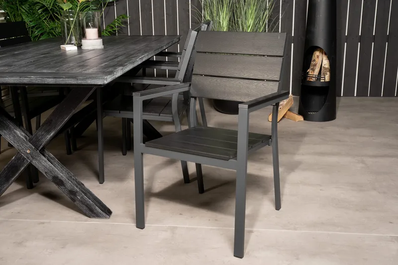 Rives Spisegruppe 200cm + 6 Levels Stablebare Spisestoler - Svart - Hagemøbler - Hagegruppe - Spisegrupper hage