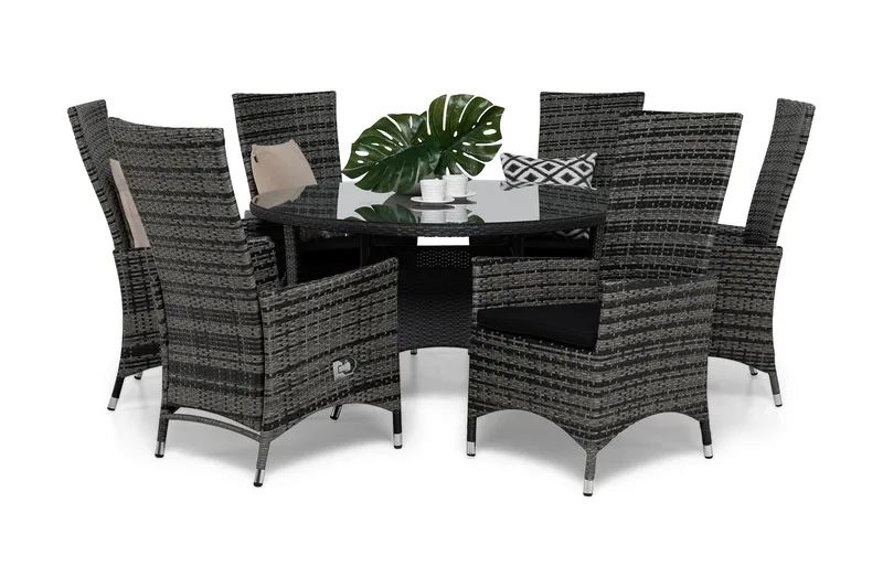 Round Spisegruppe Ø140+6 Jenny Regulerbare Stoler+Puter, Svart/Grå