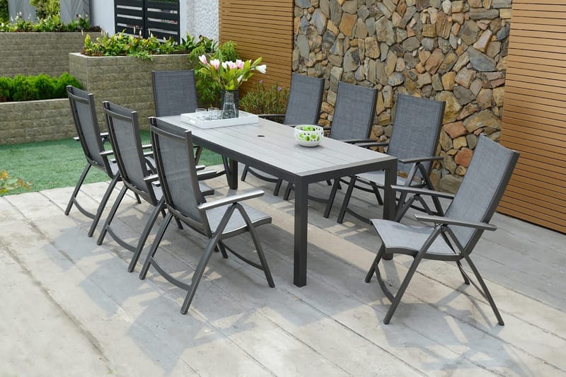 Solana Spisegruppe 201 cm + 8 Posisjonsstoler - Grå - Hagemøbler - Hagegruppe - Spisegrupper hage