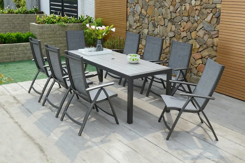 Solana Spisegruppe 201 cm + 8 Posisjonsstoler - Grå - Hagemøbler - Hagegruppe - Spisegrupper hage
