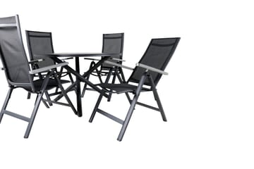 Spisegruppe for utendørsbruk Alma spisebord – svart alu – ø120 cm + Albany Light 5-pos – svart / svart textilene og grå teak_4 Svart/grå - Hagemøbler - Hagegruppe - Spisegrupper hage