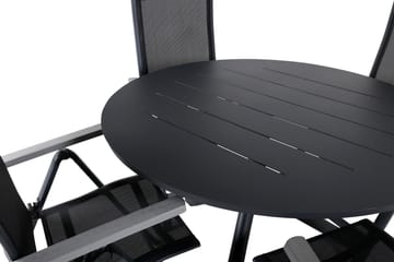 Spisegruppe for utendørsbruk Alma spisebord – svart alu – ø120 cm + Albany Light 5-pos – svart / svart textilene og grå teak_4 Svart/grå - Hagemøbler - Hagegruppe - Spisegrupper hage