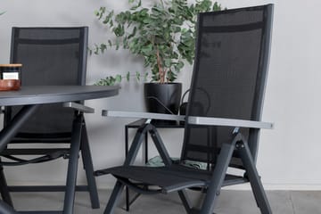 Spisegruppe for utendørsbruk Alma spisebord – svart alu – ø120 cm + Albany Light 5-pos – svart / svart textilene og grå teak_4 Svart/grå - Hagemøbler - Hagegruppe - Spisegrupper hage