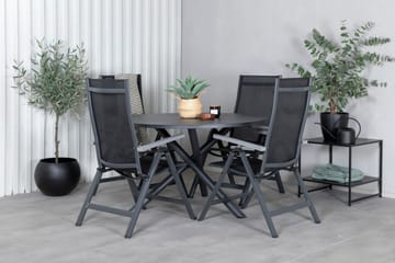 Spisegruppe for utendørsbruk Alma spisebord – svart alu – ø120 cm + Albany Light 5-pos – svart / svart textilene og grå teak_4 Svart/grå - Hagemøbler - Hagegruppe - Spisegrupper hage