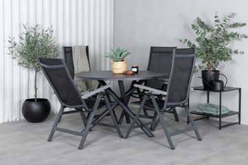 Spisegruppe for utendørsbruk Alma spisebord – svart alu – ø120 cm + Albany Light 5-pos – svart / svart textilene og grå teak_4 Svart/grå - Hagemøbler - Hagegruppe - Spisegrupper hage