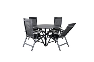 Spisegruppe for utendørsbruk Alma spisebord – svart alu – ø120 cm + Albany Light 5-pos – svart / svart textilene og grå teak_4 Svart/grå - Hagemøbler - Hagegruppe - Spisegrupper hage