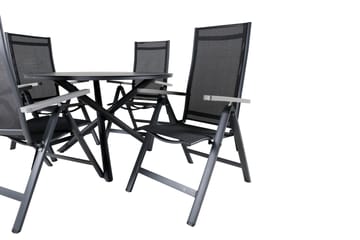 Spisegruppe for utendørsbruk Alma spisebord – svart alu – ø120 cm + Albany Light 5-pos – svart / svart textilene og grå teak_4 Svart/grå - Hagemøbler - Hagegruppe - Spisegrupper hage