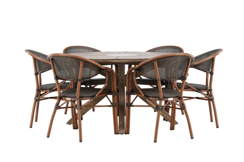 Spisegruppe for utendørsbruk Rosario spisebord - teak Ø140 +Vila Real kaféstol 2-pk - brun/svart _6 Brun