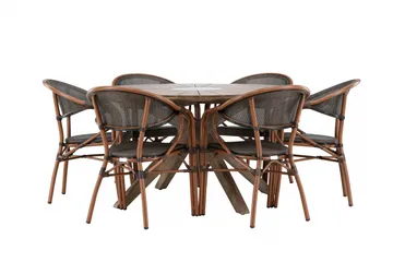 Spisegruppe for utendørsbruk Rosario spisebord - teak Ø140 +Vila Real kaféstol 2-pk - brun/svart _6 Brun - Hagemøbler - Hagegruppe - Spisegrupper hage
