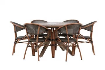 Spisegruppe for utendørsbruk Rosario spisebord - teak Ø140 +Vila Real kaféstol 2-pk - brun/svart _6 Brun - Hagemøbler - Hagegruppe - Spisegrupper hage