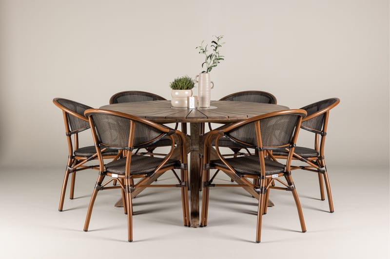 Spisegruppe for utendørsbruk Rosario spisebord - teak Ø140 +Vila Real kaféstol 2-pk - brun/svart _6 Brun - Hagemøbler - Hagegruppe - Spisegrupper hage