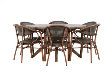 Spisegruppe for utendørsbruk Rosario spisebord - teak Ø140 +Vila Real kaféstol 2-pk - brun/svart _6 Brun - Hagemøbler - Hagegruppe - Spisegrupper hage