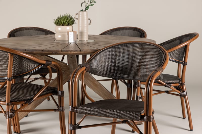 Spisegruppe for utendørsbruk Rosario spisebord - teak Ø140 +Vila Real kaféstol 2-pk - brun/svart _6 Brun - Hagemøbler - Hagegruppe - Spisegrupper hage