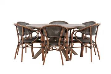 Spisegruppe for utendørsbruk Rosario spisebord - teak Ø140 +Vila Real kaféstol 2-pk - brun/svart _6 Brun - Hagemøbler - Hagegruppe - Spisegrupper hage