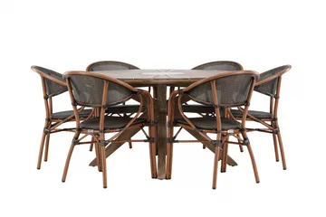 Spisegruppe for utendørsbruk Rosario spisebord - teak Ø140 +Vila Real kaféstol 2-pk - brun/svart _6 Brun - Hagemøbler - Hagegruppe - Spisegrupper hage