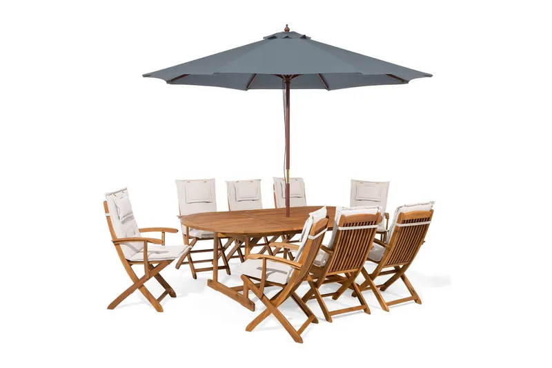 Spisegruppe MAUI med 8 Stoler+Puter + Paraply, Tre / Natur