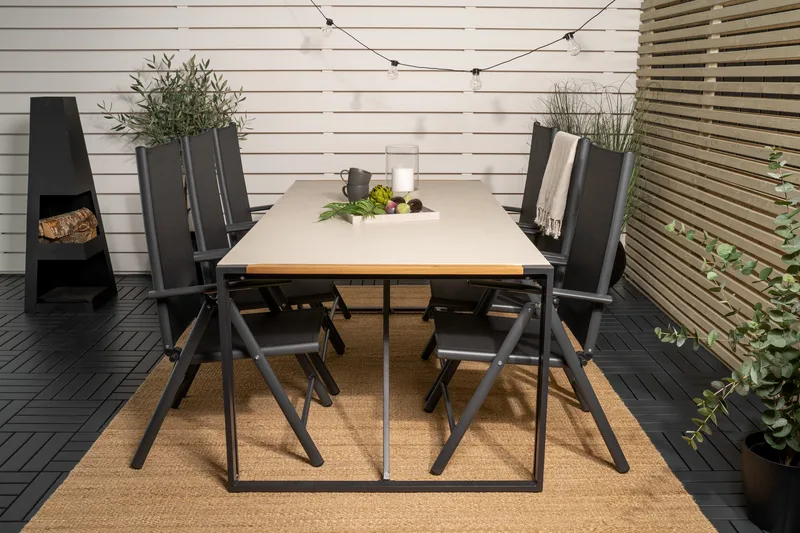 Texas Spisegruppe 200cm + 6 Break Posisjonsstoler - Svart/Grå - Hagemøbler - Hagegruppe - Spisegrupper hage