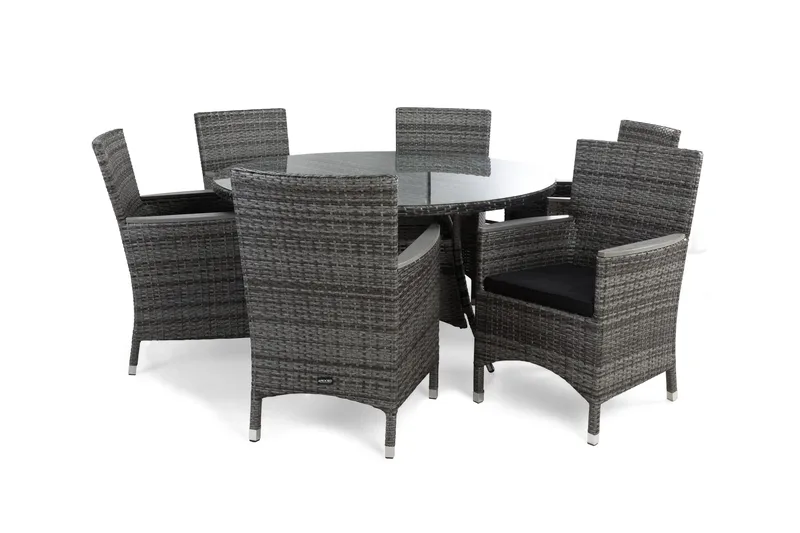 Thor Spisegruppe Ø140+4 Stoler Lyx m Armlener+Puter - Grå/Aintwood/Svart - Hagemøbler - Hagegruppe - Spisegrupper hage