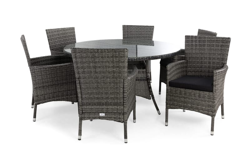 Thor Spisegruppe Ø140+6 Thor Stoler+Puter - Grå/Svart - Hagemøbler - Hagegruppe - Spisegrupper hage