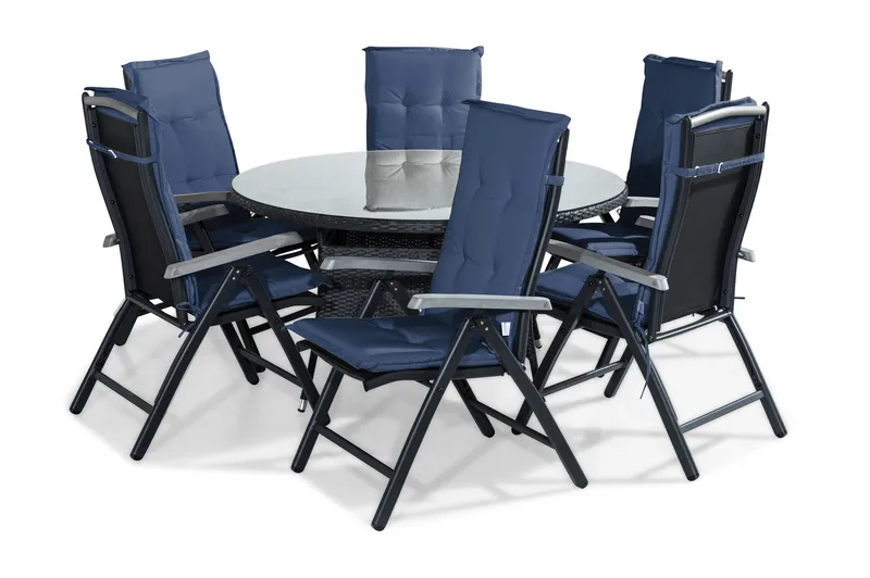Thor Spisegruppe 140 Rund + 6 Monaco Posisjonsstol m Pute - Svart/Grå/Blå - Hagemøbler - Hagegruppe - Spisegrupper hage