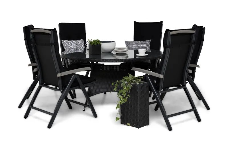 Thor Spisegruppe 140 Rund + 6 Monaco Posisjonsstol m Pute - Svart/Grå - Hagemøbler - Hagegruppe - Spisegrupper hage