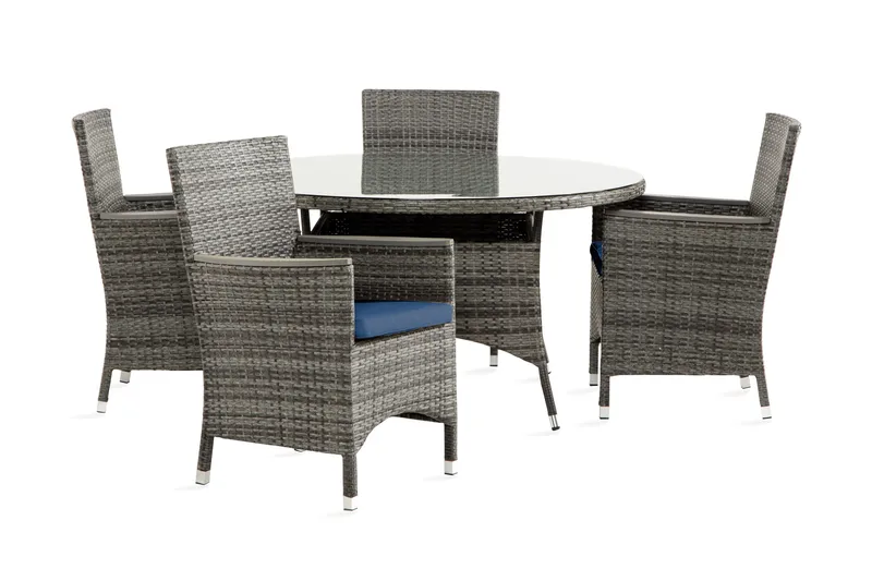 Thor Spisegruppe 140 Rund+4 Thor Lyx Stol m Armlene+Pute - Grå/Aintwood/Blå - Hagemøbler - Hagegruppe - Spisegrupper hage
