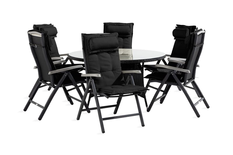 Thor Spisegruppe 140 Rund+6 Monaco Stoler m Pute - Svart/Grå - Hagemøbler - Hagegruppe - Spisegrupper hage