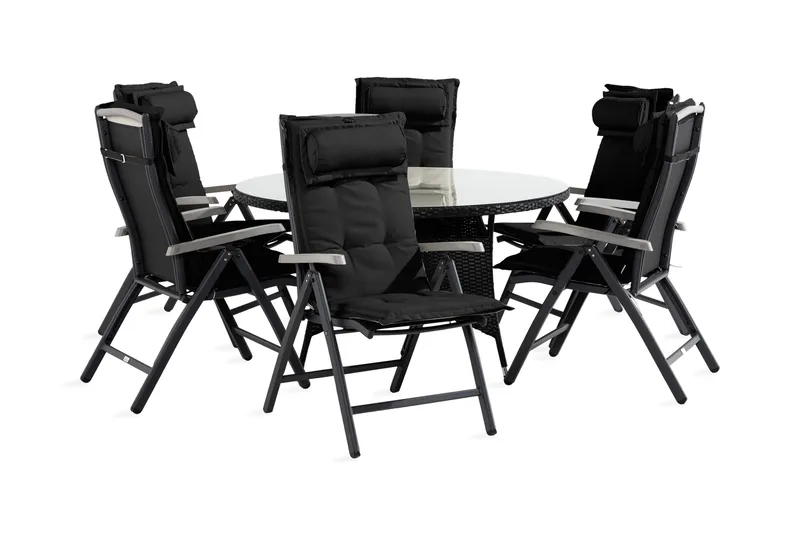 Thor Spisegruppe 140 Rund+6 Monaco Stoler m Pute, Svart/Grå