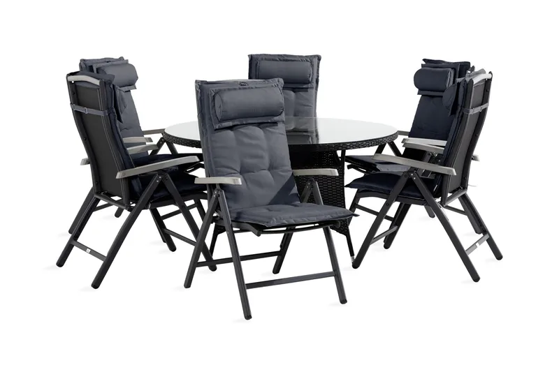 Thor Spisegruppe 140 Rund+6 Monaco Stoler m Pute - Svart/Grå - Hagemøbler - Hagegruppe - Spisegrupper hage