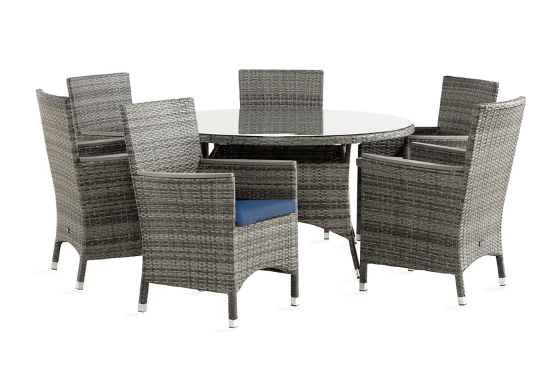 Thor Spisegruppe 140 Rund+6 Thor Lyx Stol m Armlene+Pute, Grå/Aintwood/Blå