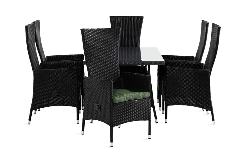 Thor Spisegruppe 140x90 + 6 Jenny Stol Stillbar m Pute - Svart/Grønn - Hagemøbler - Hagegruppe - Spisegrupper hage