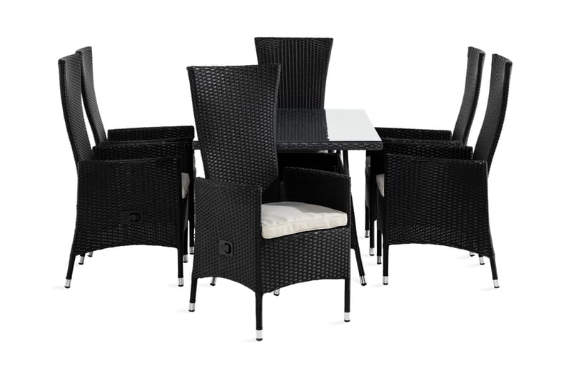 Thor Spisegruppe 140x90 + 6 Jenny Stol Stillbar m Pute - Svart/Hvit - Hagemøbler - Hagegruppe - Spisegrupper hage