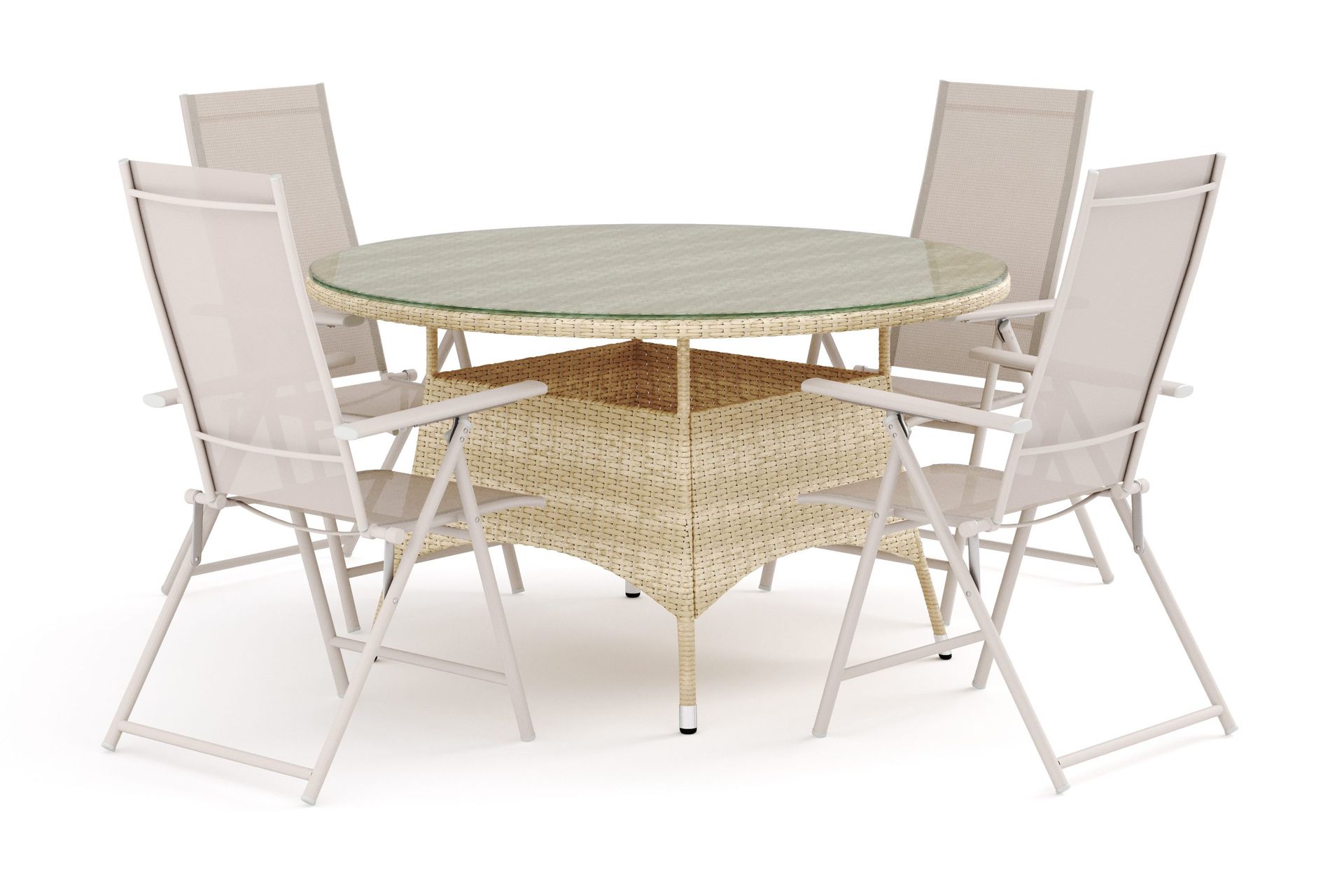 Thor utendørs rund spisegruppe 140 cm med 4 Sanna regulerbare stoler - Beige