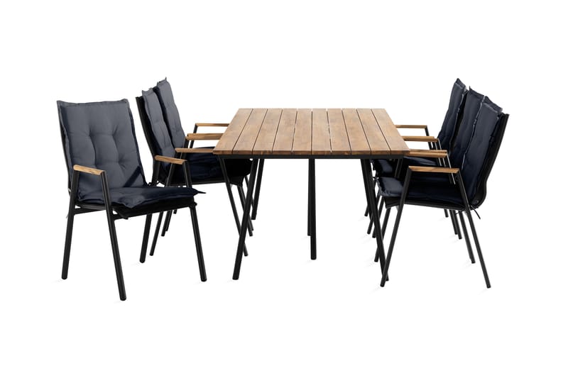 Trio Spisegruppe + 6 Las Vegas Karmstoler m Pute - Grå/Svart/Teak - Hagemøbler - Hagegruppe - Spisegrupper hage