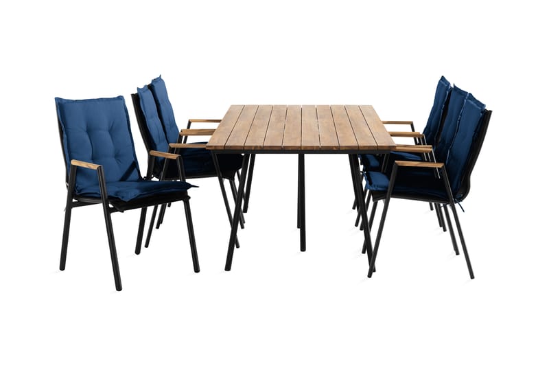 Trio Spisegruppe + 6 Las Vegas Karmstoler m Pute - Blå/Svart/Teak - Hagemøbler - Hagegruppe - Spisegrupper hage