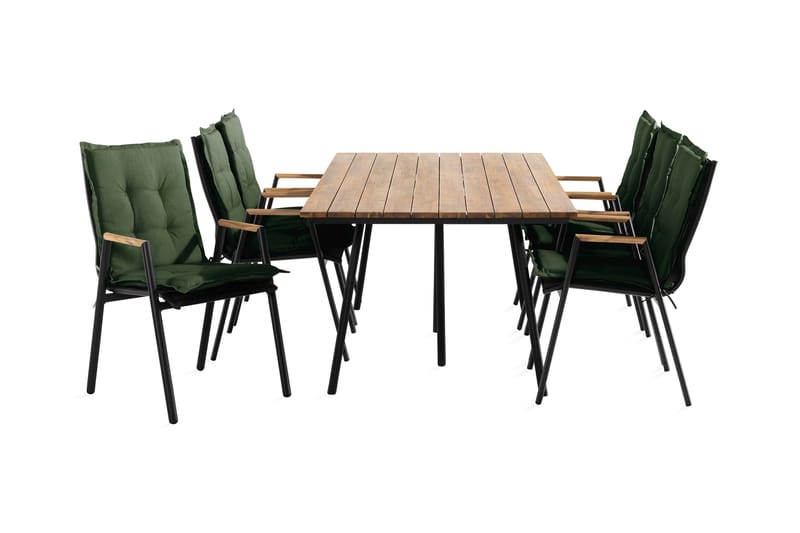 Trio Spisegruppe + 6 Las Vegas Karmstoler m Pute - Grønn/Svart/Teak - Hagemøbler - Hagegruppe - Spisegrupper hage