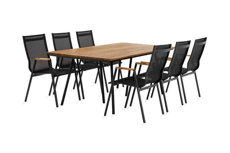 Trio Spisegruppe + 6 Las Vegas Karmstoler - Svart/Teak - Hagemøbler - Hagegruppe - Spisegrupper hage