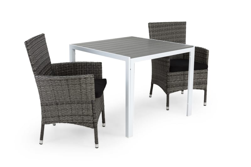 Tunis Cafégruppe 90x90 + 2 Thor Lenestol m Pute - Hvit/Grå/Svart - Hagemøbler - Hagegruppe - Spisegrupper hage