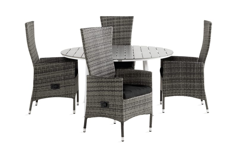 Tunis Spisegruppe 140 Rund + 4 Jenny Lenestol Stillbar m Put, Hvit/Grå/Svart