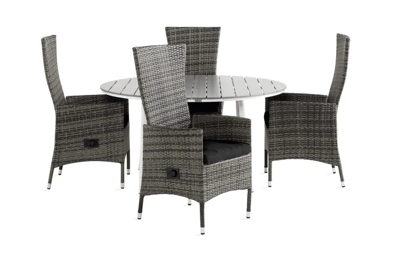 Tunis Spisegruppe 140 Rund + 4 Jenny Lenestol Stillbar m Put, Hvit/Grå/Svart