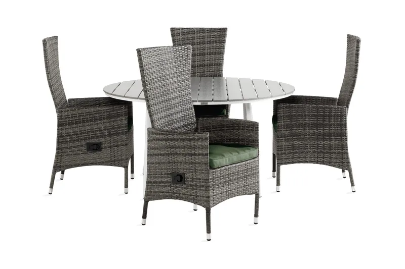 Tunis Spisegruppe 140 Rund + 4 Jenny Lenestol Stillbar m Put, Hvit/Grå/Grønn