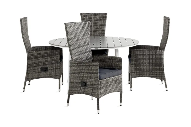 Tunis Spisegruppe 140 Rund + 4 Jenny Lenestol Stillbar m Put, Hvit/Grå