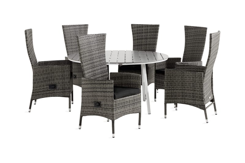 Tunis Spisegruppe 140 Rund + 6 Jenny Lenestol Stillbar m Put, Hvit/Grå/Svart