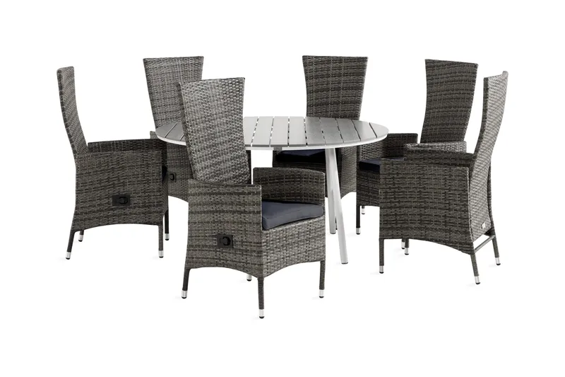 Tunis Spisegruppe 140 Rund + 6 Jenny Lenestol Stillbar m Put, Hvit/Grå