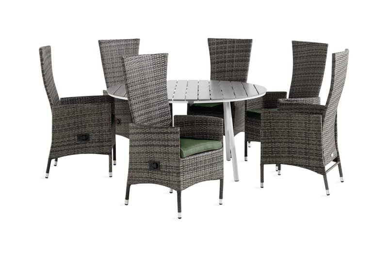 Tunis Spisegruppe 140 Rund + 6 Jenny Lenestol Stillbar m Put, Hvit/Grå/Grønn