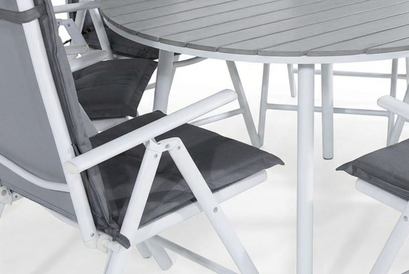 Tunis Spisegruppe 140 Rund + 6 Maggie Posisjonsstol m Pute - Hvit/Grå - Hagemøbler - Hagegruppe - Spisegrupper hage