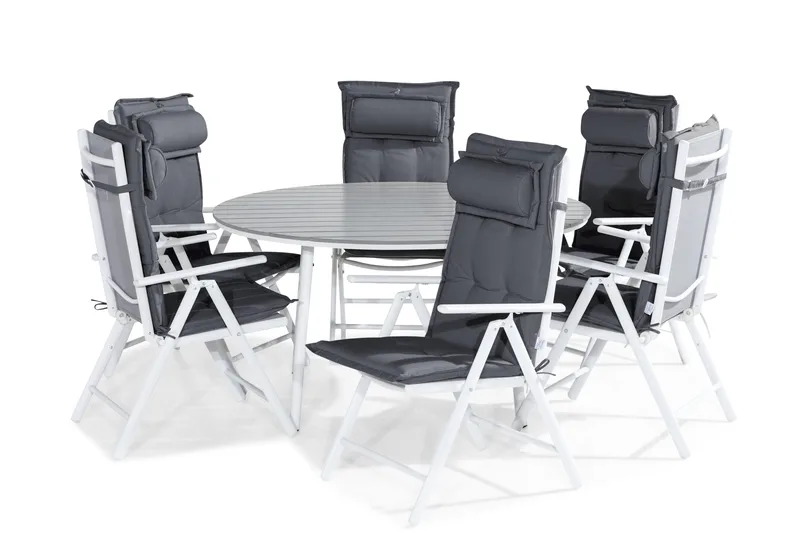 Tunis Spisegruppe 140 Rund + 6 Maggie Posisjonsstol m Pute, Hvit/Grå