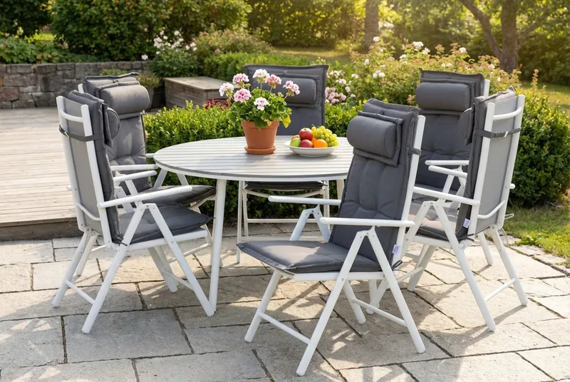 Tunis Spisegruppe 140 Rund + 6 Maggie Posisjonsstol m Pute - Hvit/Grå - Hagemøbler - Hagegruppe - Spisegrupper hage